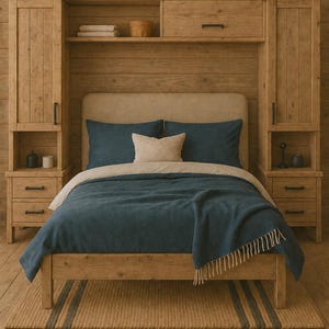 May include: A wooden bed frame with a beige headboard, dark blue bedding, and a matching blue throw blanket with fringe. The bed is flanked by two tall wooden storage units featuring integrated nightstands with drawers and black metal hardware.