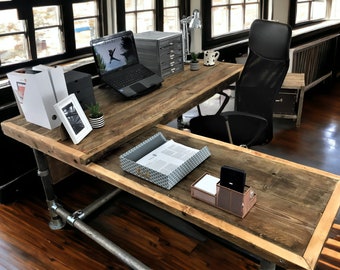 Corner Desk Office Desk, Custom Made Reclaimed Scaffold Boards Rustic Desk, Industrial Look Real Wood | THE HAGUE