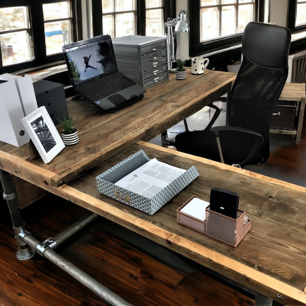 Corner Desk Office Desk, Custom Made Reclaimed Scaffold Boards Rustic Desk, Industrial Look Real Wood | THE HAGUE