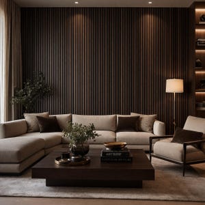 May include: A modern living room with a sectional sofa, armchair, and a dark wood coffee table. The room features a dark wood paneled wall, a floor lamp, and decorative items. The color palette includes neutral tones and dark wood accents.