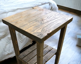 Rustic WOODEN SIDE TABLE - Handmade Bedside Table - Reclaimed Wood Nightstand - Industrial End Table For Small Space Storage