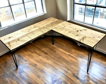 Corner Office Desk - Two Boards, Custom Made From Reclaimed Scaffold Boards And Hairpin Legs For Rustic, Industrial Look | THE WHITBY