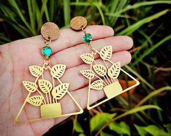 Pendientes de plantas, pendientes de latón con forma de planta, amantes de las plantas, pendientes colgantes con forma de planta, joyería de jardín, regalo para amantes de las plantas.