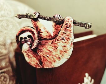 Sloth Brooch, Wood Pin, Wood Sloth Pin, Hanging Sloth Brooch, Animal Brooch.
