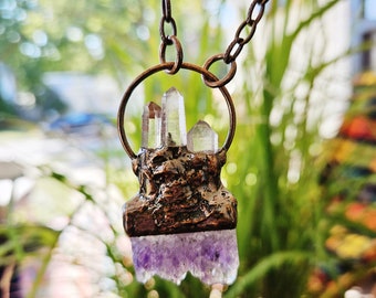 Amethyst Necklace, Raw Amethyst and Crystal Quartz Necklace, Crystal Pendant, Amethyst Jewelry, Gemstone Jewelry.