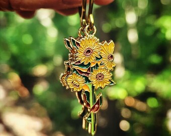 Emaille Sonnenblume Tropfen Ohrringe, Botanische Natur Schmuck, Messing Brisuren