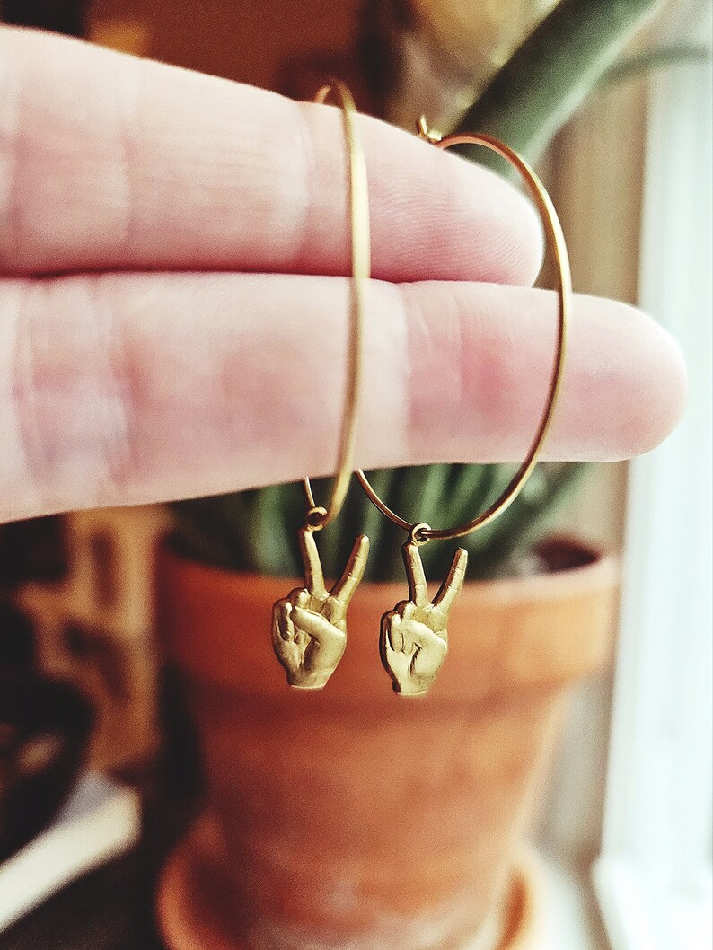 Earring Signs PEACE Hoop Earrings, Peace Sign Jewelry, Brass Hoop Earrings, Peace ...