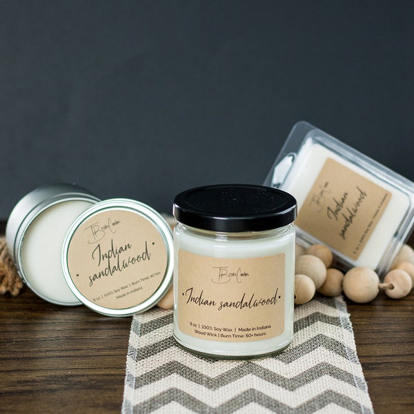 Handpoured Indian Sandalwood 100% Soy Candle (cotton wick, wooden wick, clamshell melts) TBrookeCandles