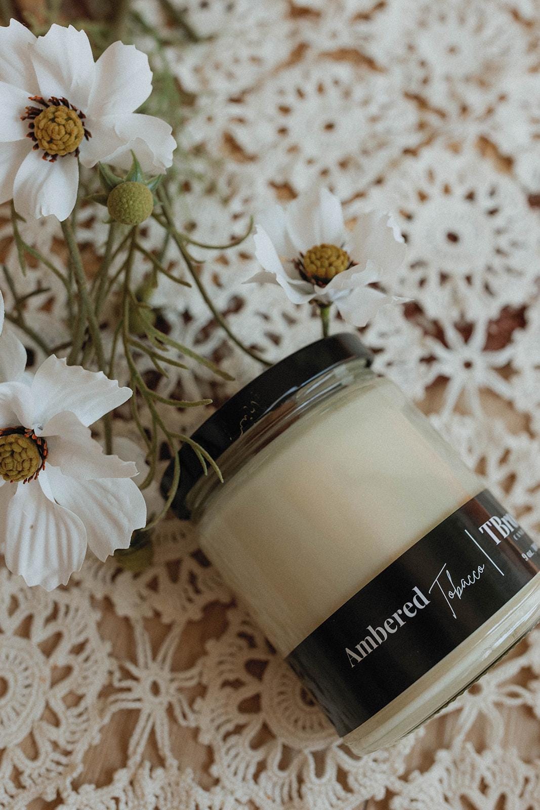 9 ounce Ambered Tobacco 100% Soy Candle (cotton wick, clamshell) TBrookeCandles