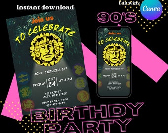 90s Birthday Invitation, 90s Party Invite, 90s Birthday Party, Legends of the Hidden Temple, Nickelodeon, Digital Canva Template