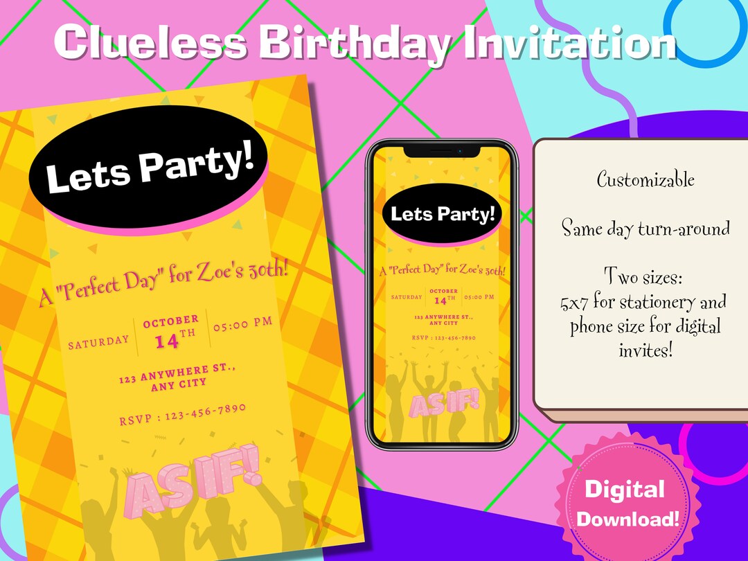 Digital Download Birthday Card Custom Evite clueless Customizable Card