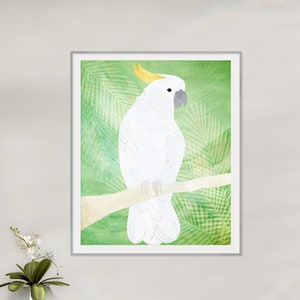 Cockatoo Print. Printable Wall Art. Parrot Illustration. Cockatoo Art Print. Tropical Leaves. Polka Dot Print. Parrot Art. Original Art.