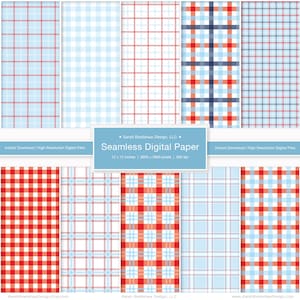 May include: A collection of seamless digital paper designs in various plaid and gingham patterns. The color palette includes red, blue, and white. The text on the image reads "Seamless Digital Paper" and "12 x 12 inches".