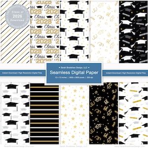 Könnte beinhalten: Eine Sammlung nahtloser digitaler Papierdesigns mit Abschluss-Themen. Muster umfassen Abschlusskappen, Diplome, Sterne und festliche Wirbel in Schwarz, Weiß und Gold. Der Text enthält "Class of 2026" und "Class of 2021".