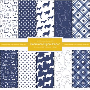 Pode incluir: Um conjunto de 8 papéis digitais com silhuetas de cães, pegadas e padrões xadrez em tons de azul e branco. Os papéis medem 30,5 cm por 30,5 cm e 300 dpi.