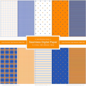 Nahtloses digitales Papier. Digitales Schnittmuster. Adrette Muster. Orange und Blau. Kariert. Vichykaro. Streifen. Polka Dots. Nahtloses Muster. ID2046