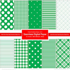 May include: A collection of seamless digital paper designs in green and white. Patterns include polka dots, gingham, stripes, and diagonal lines. The image includes the text "Seamless Digital Paper" and "Instant Download | High Resolution Digital Files".