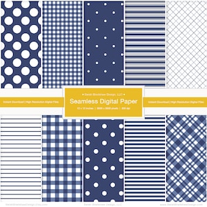 Nahtloses digitales Papier. Digitales Muster. Marineblaues digitales Papier. Kariert. Gingham. Polka Dots. Nautisches digitales Papier. Sofortiger Download. PNG