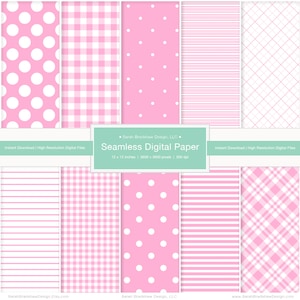 May include: A set of 8 digital paper patterns in pink and white. The patterns include polka dots, gingham, stripes, and plaid.