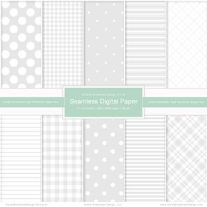 May include: A collection of seamless digital paper designs in various patterns, including polka dots, gingham, stripes, and plaid. The color palette is primarily gray and white. The text on the image reads "Seamless Digital Paper" and "12 x 12 inches".