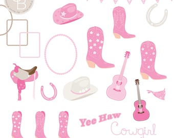 Cowgirl Clip Art Set. Pink Cowgirl Illustrations. Rodeo Clip Art. Boots Clipart. Pink Cowgirl Party. Cowgirl SVG. Instant Download. ID315