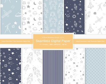 May include: A set of 10 digital papers featuring space-themed illustrations. The papers include astronaut, stars, planets, rockets, and other space-related designs. The papers are in a variety of colors, including blue, white, and gray. The papers are 12 inches by 12 inches and 300 dpi.