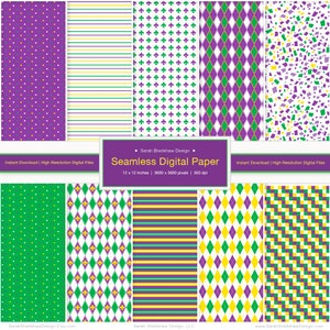 May include: A set of 10 digital paper patterns in a Mardi Gras theme. The patterns include green, purple, and gold colors with various designs such as polka dots, stripes, fleur-de-lis, and diamonds.