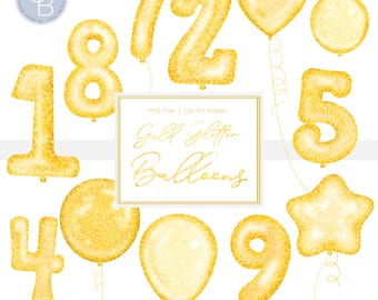 Clip art di palloncini glitterati: palloncini di compleanno glitterati, palloncini, palloncini con numeri, palloncini oro metallizzato, download digitale di compleanno (file PNG)