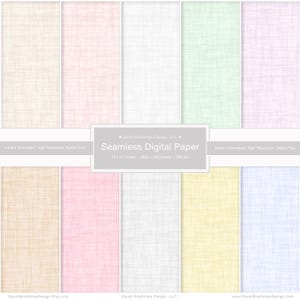 May include: A collection of seamless digital paper in various pastel colors, including beige, pink, white, green, and lavender. The paper has a textured linen appearance. The image includes the text "Seamless Digital Paper" and details about the paper's size and resolution.
