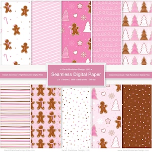 Puede incluir: Un conjunto de 10 diseños de papel digital con un esquema de color rosa y marrón. Los diseños incluyen hombres de jengibre, árboles de Navidad, lunares, rayas y remolinos.