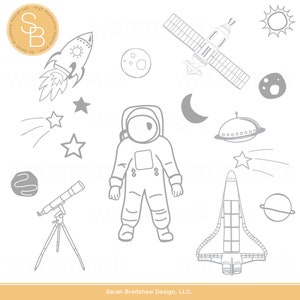 Set di clip art di esplorazione dello spazio. Illustrazione dell’astronauta. ClipArt nello spazio. Razzo spaziale. Clipart di astronomia. Download istantaneo ID277