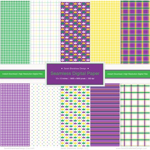 May include: A digital paper pack with 10 different patterns, including gingham, polka dots, stripes, and plaid. The patterns are in shades of green, yellow, purple, and white. The text "Seamless Digital Paper" is in the center of the image.