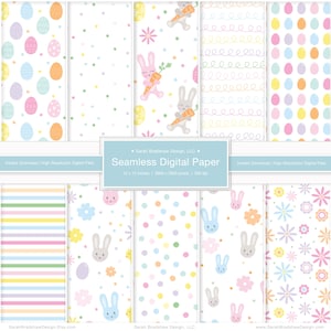 Peut inclure: Un ensemble de 10 papiers numériques à motifs sur le thème de Pâques. Les motifs comprennent des lapins, des œufs, des fleurs, des rayures et des pois dans des couleurs pastel. Les motifs mesurent 12 x 12 pouces et 300 dpi.
