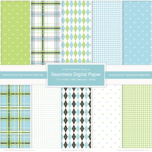 Nahtloses digitales Papier. Digitales Schnittmuster. Blau und Grün Digitales Papier. Kariert. Raute. Vichykaro. Punkte. Nahtloses Muster. Sofortdownload 2058
