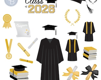 Graduation Clip Art: Class of 2026, Graduation Cap, Gown, Diploma, High School Graduation, College Grad, PNG Files, Digital Download