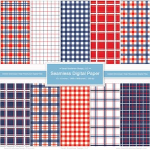 May include: A selection of seamless digital paper designs featuring red, white, and navy blue plaid patterns. The designs showcase diverse plaid styles, with text indicating "Seamless Digital Paper" and dimensions of 30.48 x 30.48 cm.
