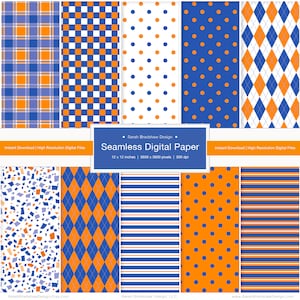 Puede incluir: Un conjunto de 10 patrones de papel digital en azul, naranja y blanco. Los patrones incluyen diseños de cuadros, a cuadros, lunares, diamantes y rayas. Los papeles digitales miden 30,5 cm por 30,5 cm y 300 dpi.