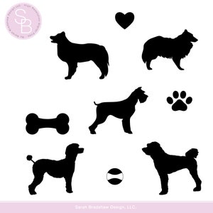 Ilustraciones de siluetas de perros. Imágenes prediseñadas de perro. Imágenes prediseñadas de silueta de cachorro. Silueta negra. Conjunto de 5 siluetas de perros. Descarga instantánea ID 313