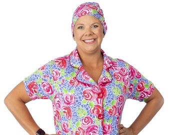 Floral Post-Mastectomy Nightgown with Drain Pockets, Breast Cancer Recovery Gift