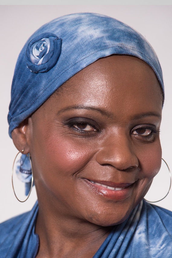 Hats for Hair Loss Chemo Beanie Blue and White Tie-dye Jersey