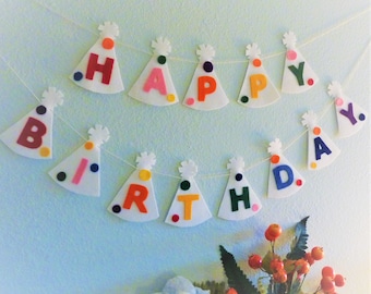Happy Birthday felt party hats, felt rainbow birthday banner, birthday gift, zero waste birthday, kid birthday decoration, high chair banner