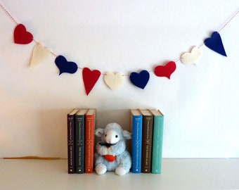 Fourth of July felt hearts, country hearts banner, Valentines Day, birthday gift, 4th of July banner, American flag decor, magnolia decor