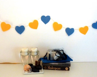 Custom colors UCLA felt heart garland banner, dorm room decor, Bruins, back to school, college supplies, wool felt garland birthday banner