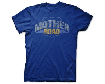 Mother Road Highway Sign T Shirt in Royal Screen Printed Next Level CVC short sleeve tee