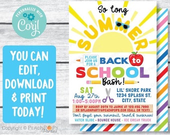 Back to School Party Invitation, So Long Summer Bash, End of Summer Party, DIGITAL Printable EDITABLE Invite 5” x 7” - Edit TODAY!