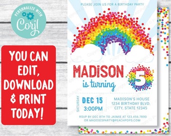 Rainbow Birthday Invitation 5th - ANY Age - Rainbow Confetti Party Girl or Boy - DIGITAL Printable Invite 5” x 7” Edit Today Self EDITABLE