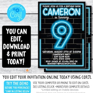 Editable Birthday Bash Invitation Neon Glow Light Gaming Party 9th ANY Age BLUE Boy or Girl DIGITAL Printable Invite 5” x 7” Edit today!