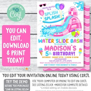 Editable Water Slide Birthday Splash Party Invitation - PINK - Any Age - Waterslide Bash - DIGITAL Printable Invite 5” x 7” Edit TODAY WS96