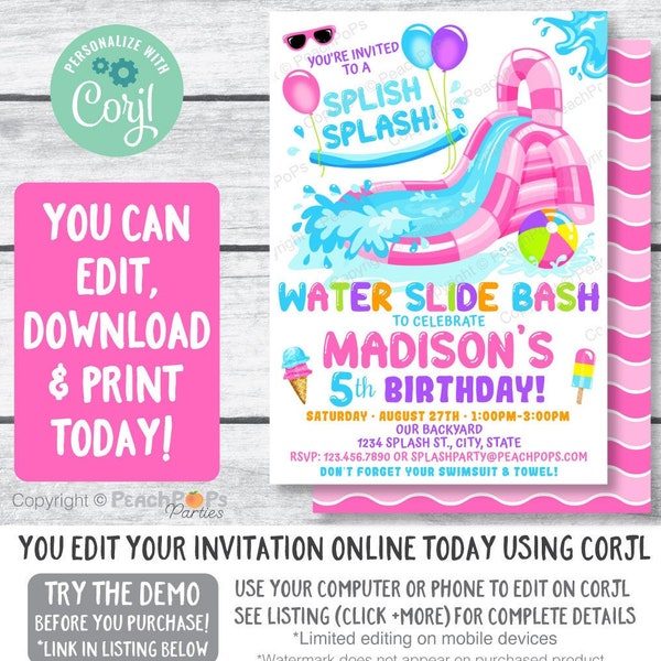 Editable Water Slide Birthday Splash Party Invitation - PINK - Any Age - Waterslide Bash - DIGITAL Printable Invite 5” x 7” Edit TODAY WS96