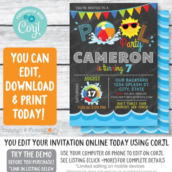 Pool Party Birthday Invitation - Swimming Party - Splash Swim - Chalkboard Style - DIGITAL Printable Editable Invite 5” x 7” Edit TODAY PB25